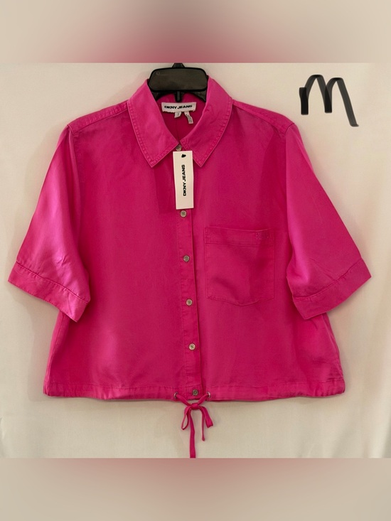 Dkny Tops - DKNY Hot Pink Short Sleeve Button-Down Shirt with Drawstring Hem